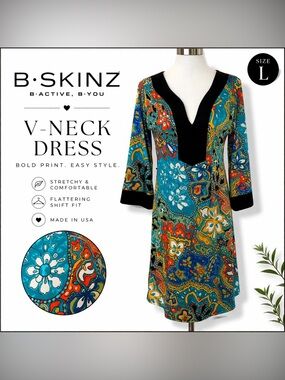 B.Skinz Colorful Paisley V-Neck Dress Large L Retro Boho Stretch Shift Dress